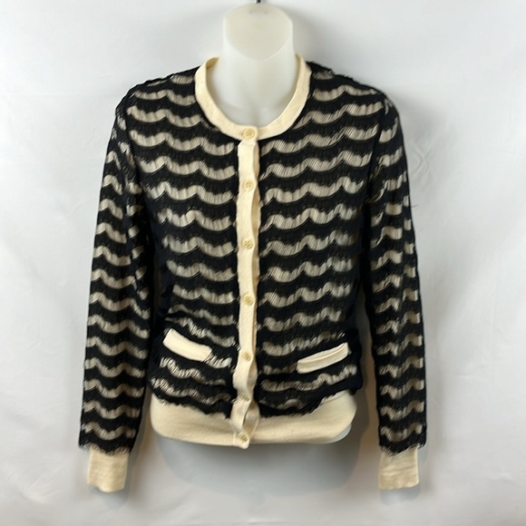 Trina Turk Eyelash Lace Overlay Black Cream Merino Wool Cardigan‎ Sweater Size P - Picture 2 of 9